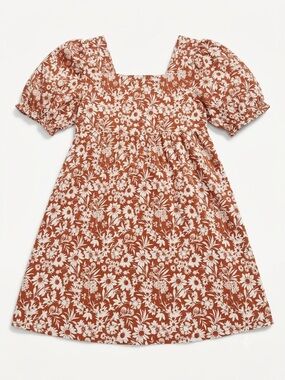 Girls Square-Neck Puff-Sleeve Floral Dress in Rust and Cream